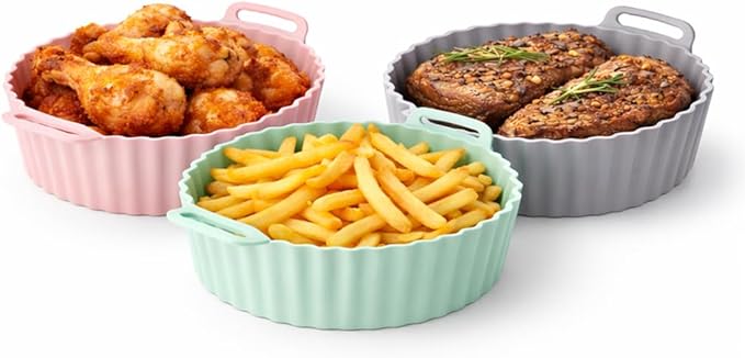 Silicone Air Fryer Liners – 3 Pack 8″ Reusable Food-Grade Silicone Basket Inserts, Cook Multiple Foods Back-to-Back Without Washing, Non-Stick Easy Clean, BPA-Free