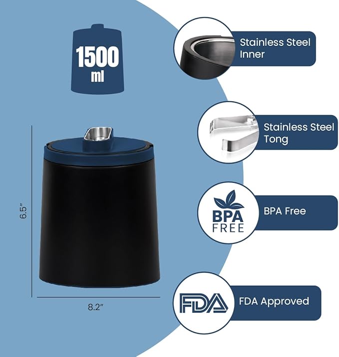 PINNACLE Insulated ice bucket for parties with Tong that fit into Lid - Stainless Steel ice bucket for cocktail bar with Collapsible Handles for indoor/outdoor bar, BPA Free (blue)