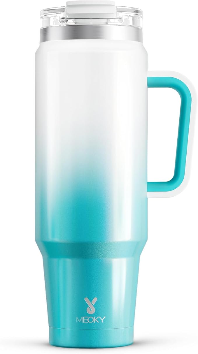 Meoky 40 oz Tumbler with Handle and Straw, Insulated Tumbler with Lid and Straw, Stainless Steel Travel Mug, Keeps Cold for 34 Hours, 100% Leak Proof, Fits in Car Cup Holder (Azure)