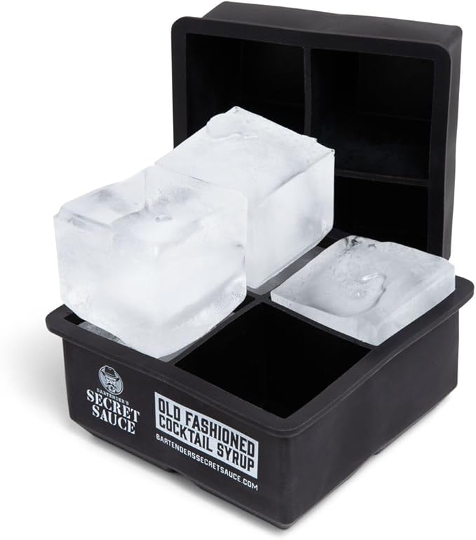Bartender’s Secret Sauce Large 2”x2” Ice Cube Mold – Makes Four Perfect Cubes – Premium Silicone Ice Mold for Old Fashioneds, Whiskey & Craft Cocktails – Stackable & Easy Release