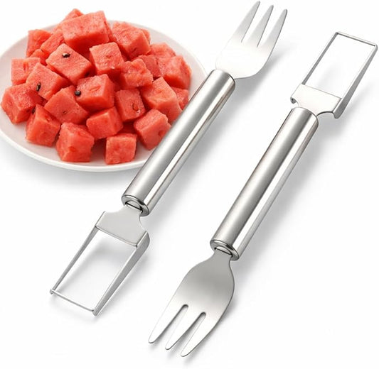 Watermelon Cutter, 2-in-1 Stainless Steel Fruit Cutter, Dual Head Watermelon Fork Slicer Tool, Summer Fruit Cutting Kitchen Gadget for Home (Round-2PCS)