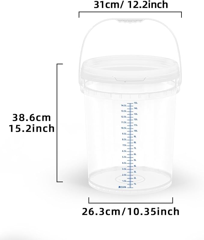 Plastic 5 Gallon Buckets with Scales, Food Grade Plastic Pail, Heavy-Duty, BPA-Free Container with Lids & Handles, Easy Stacking for Home/Commercial Use (2 sets each of : 5Gal 1 Qt, 3 Qt, 5 Qt, 10 Qt)