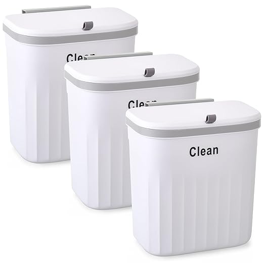 3 Pack Hanging Trash Can with Lid, 12L/3.2 Kitchen Compost Bin for Counter Top & Under Sink, Plastic Waste Basket Wall Mounted Garbage Can for Cupboard/Bathroom/Bedroom/Office/Outside (White)