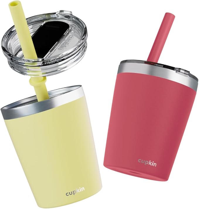CUPKIN Eco Kids Tumbler Cup, The Original 8 oz Stackable Stainless Steel Metal Straw Cups, Set of 2 Powder Coated Insulated Cup with Straw + BPA Free Lids + Reusable Silicone Straws (Coral + Yellow)