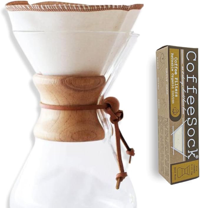 CoffeeSock ’The Original’ Reusable 100% Organic Cotton Coffee Filters - 2 pack - Fits Chemex® Filters 6-13 cup Half Moon | Coffee Sock Cloth Coffee Filter | Organic Cotton Alternative - Eco-Friendly