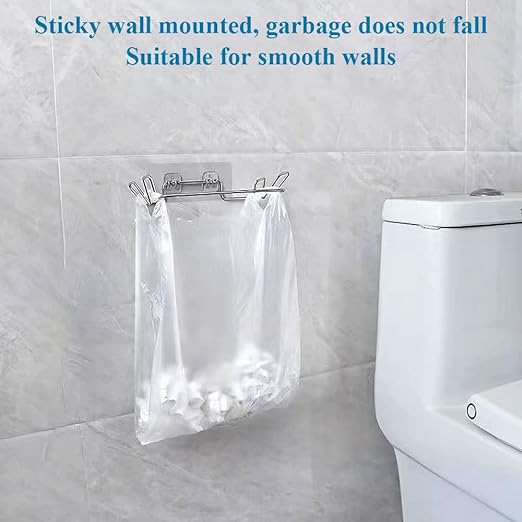 Trash Bag Holder for Cabinet Doors & Cupboards, Wall Mount Garbage Bag Holder with Adhesive Base Sticker Stainless Steel Under Sink Bag Holder Plastic Bag Holder for Kitchen Trash Can Bag Holder