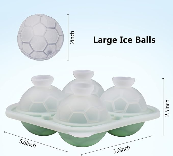 Soccer Ice Cube Mold, Football Shapes Ice Cube Tray, Silicone Sphere Ice Mold Chocolate Mold with Clear Funnel-type Lid, Make 4 Large Ice Balls for Chilling Whiskey Cocktails Drinks, Green