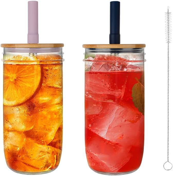 Glass Tumbler with Lids and Straws 2 Pack, 24oz Glass Drinking Jars with Lids and Straws,Reusable Wide Mouth Mason Jar Iced Coffee Cup,Smoothie Cup Coffee Travel Mug for Car/Home