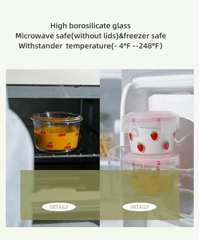Ivymei 2 Pack Mini Glass Containers with lids,Small Cherry Food Storage Contaiers Glass Food Jars for Food Portion,Fruit,Dipping Sauce,Snack,Yogurt,Leakproof,Microwave Freezer Safe
