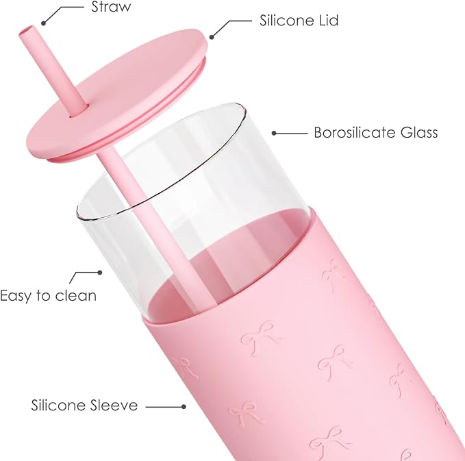 SANDJEST Glass Tumbler with Straw and Lid, Glass Water Bottle with Silicone Sleeve 20oz with Bow, Smoothie, Iced Coffee Cup, Bow Gifts for Women Teen Girls Birthday Christmas
