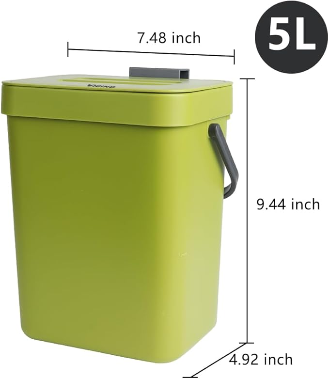 Hanging Small Trash Can with Lid Under Sink for Kitchen, 5 L/ 1.3 Gallons Plastic Waste Basket,Food Waste Bin,Kitchen Compost Bin for Counter Top,Bathroom/Office (Green)