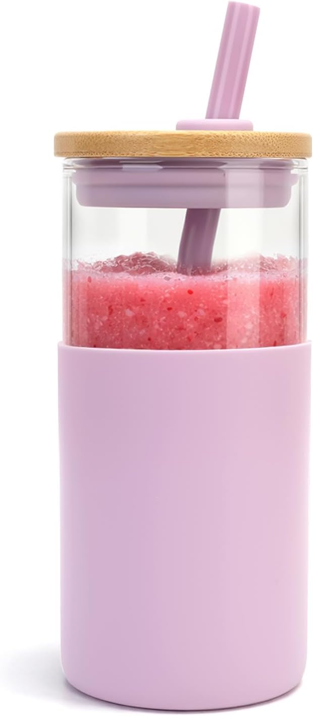 Tronco 16 oz Glass Tumbler with Lids and Straw, Reusable Iced Coffee Cup & Smoothie Cup with Bamboo Lid, Silicone Sleeve, Dishwasher Safe, BPA-Free Borosilicate Glass, 1 Pack