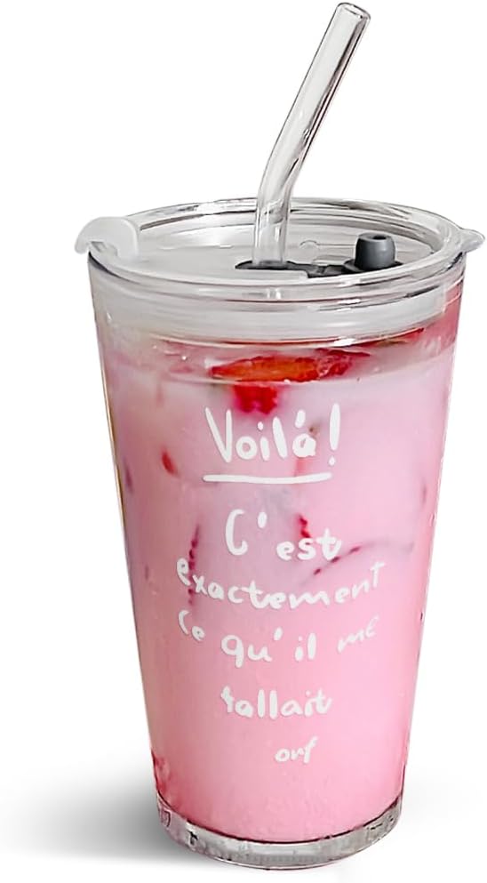 Olvini 15oz Glass Tumbler with Straw and Lid, Cute Iced Coffee Cups, Aesthetic Glass Cups, Coffee Tumbler, Water Cup, Matcha Cup, Drinking Glasses (The Perfect Match)