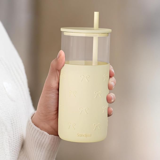 SANDJEST Glass Tumbler with Straw and Lid, Glass Water Bottle with Silicone Sleeve 20oz, Smoothie, Iced Coffee Cup, Bow Gifts for Women Teen Girls Birthday Christmas