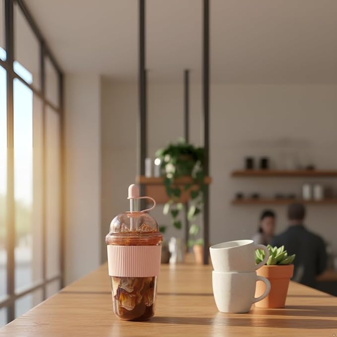 Reusable Iced Coffee Cups with Lids and Straws 17oz, Boba Cup with Straw, Tumbler with Silicone Sleeve for Cold Drinks, Iced Coffee, Bubble Tea - Pink