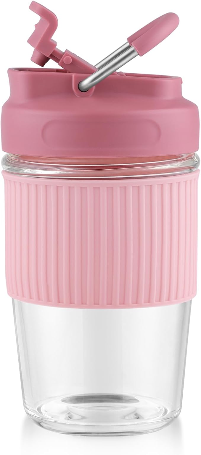 Sivaphe Reusable Glass Ice Hot Coffee Cup 16 oz, Portable Travel Mug with Spill-Proof Lid and Thermal Sleeve for Home Office Pink