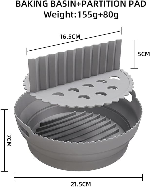 Silicone Air Fryer Liner 8.6" Round for 5–8 QT, With Divider Split for 2 Flavors, Reusable Non-Stick Collapsible Pot Liner, Dishwasher Safe, Heat-Resistant 446°F, BLACK, 1 Pack