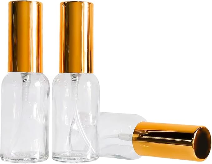 12 Pack 1oz Clear Glass Spray Bottles for Essential Oils, Small Spray Bottle, Fine Mist Spray, Gold Sprayer,for Travel Perfume, Hair & Cleaning