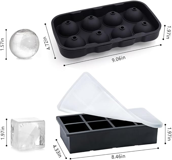 2-Inch Silicone Ice Cube Tray with Lid - Large Sphere Ice Mold & Square Ice Cube Maker for Whiskey, Cocktails, Bourbon - Easy Release, BPA Free, Set of 2
