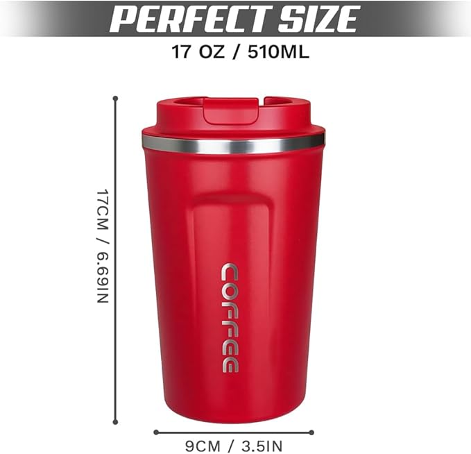 SPLMIFA Travel coffee mugs leak-proof, reusable coffee cup with lid, stainless steel vacuum insulated coffee tumblers, thermal insulation cups for men & women keep drinks hot & cold (2nd-Red, 17OZ)