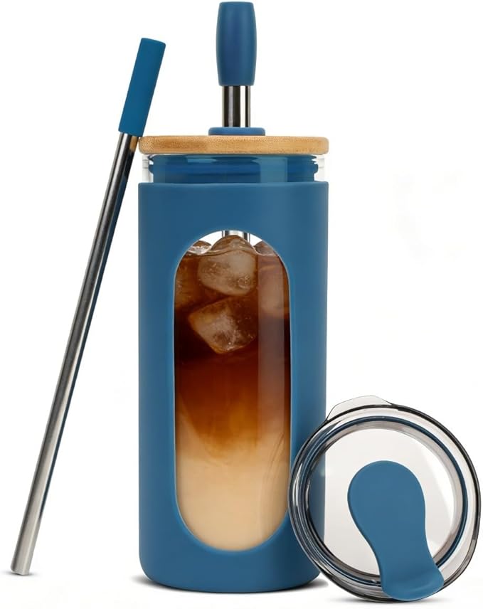 Sursip 20 oz Glass Tumbler with Lids and Straws, Reusable Borosilicate Glass Iced Coffee Cup with Bamboo Lid for Smoothie Boba Juice,Travel BPA-Free - Deep Blue