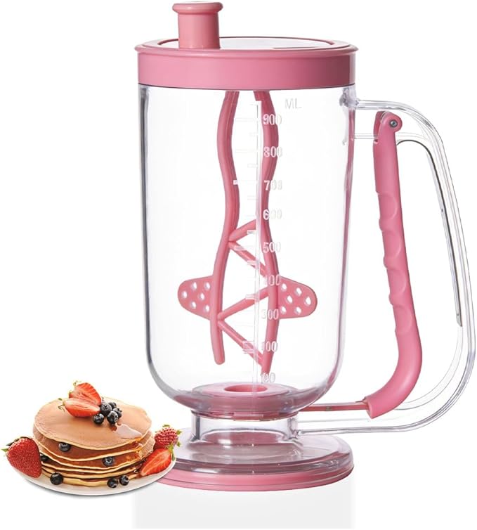 Pancake Batter Dispenser with Built-in Mixer Handle - No-Drip Handheld Funnel for Pancakes, Baking, Waffles, Cupcakes & Muffins - Easy Squeeze Baking Tool for Perfect Portions (Pink with Mixer)