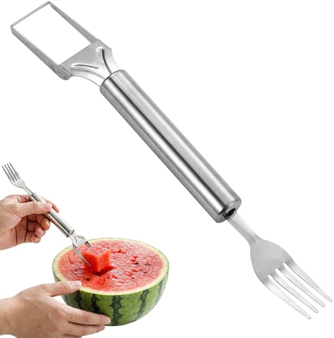 2 in 1 Stainless Steel Fruit Cutter, 2026 New Upgrade Dual Head Fruit Slicer and Fork, Hand Crank Watermelon Cutter for Pineapple Melon, Easy Clean Kitchen Gadget (1PCS)