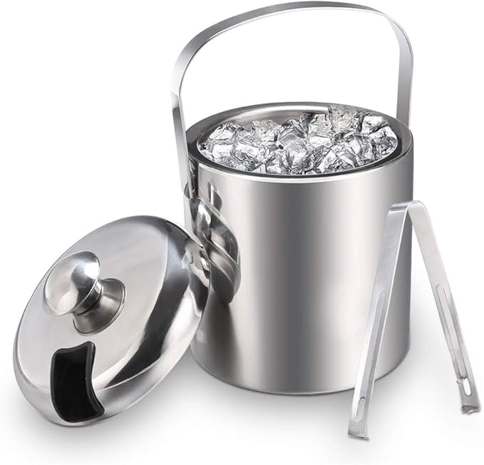 Sailnovo Mini Ice Bucket 1.2 Liter, Premium Compact Double-Wall Stainless Steel with Lid & Ice Tong, Ideal for Cocktails, Personal Bar, Small Parties - Silver