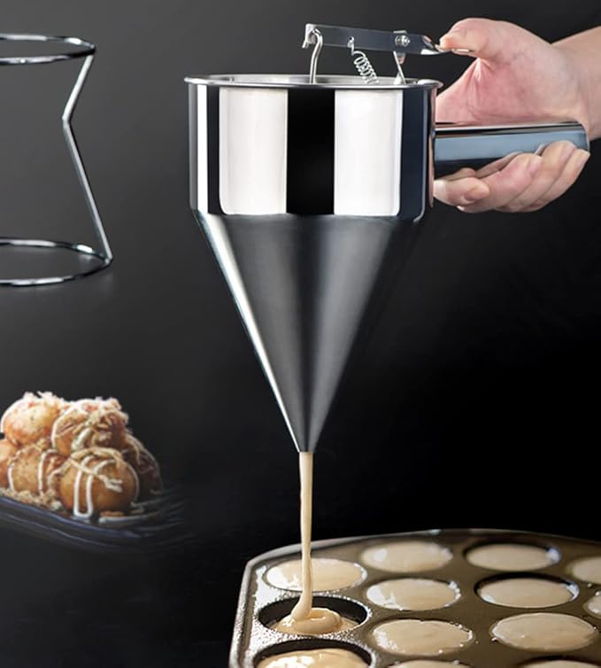 Pancake Batter Dispenser With Stand, Stainless Steel Funnel With Detachable Handle, For Takoyaki, Baking, Cupcakes, Muffins-Cooking Crepes, Waffles (600ml / 20.3oz)