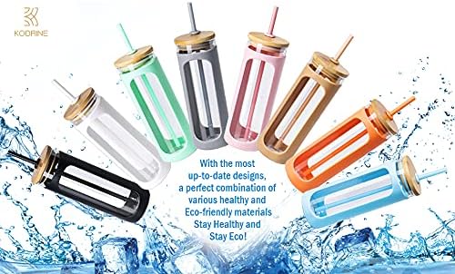 Kodrine 20oz Glass Water Tumbler with Straw and Lid, Bamboo Lids Water Bottle, Iced Coffee Cup Reusable, Wide Mouth Smoothie Cups with Protective Silicone Sleeve BPA FREE-Light Green