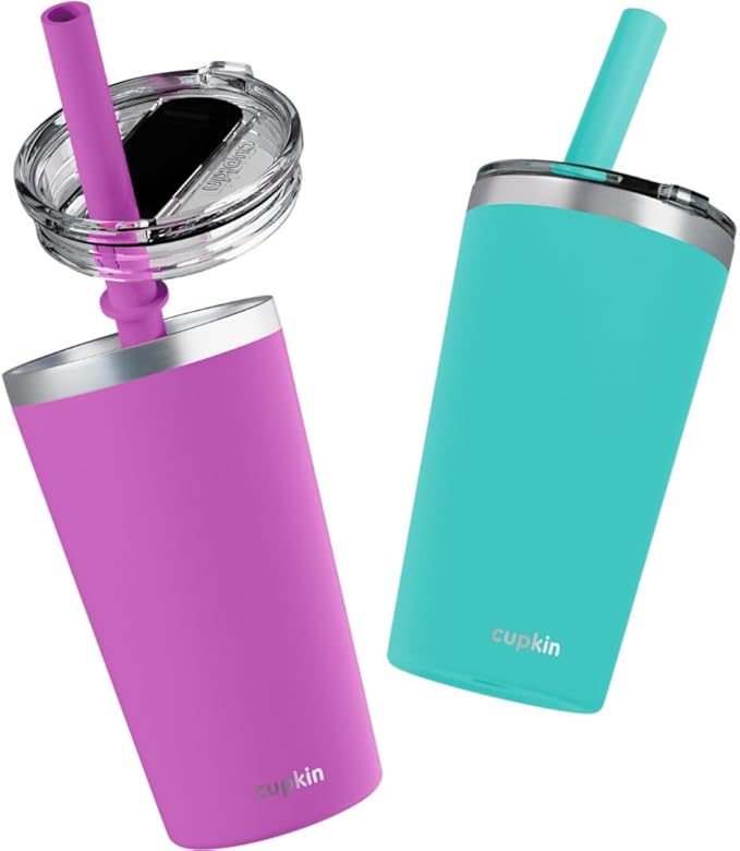 CUPKIN Toddler Tumblers, The Original 12 oz Stackable Stainless Steel Cups, Set of 2 Powder Coated Insulated Kids Water Bottle Alternative + BPA Free Lids + Reusable Silicone Straws (Green + Pink)