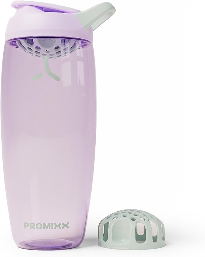 Promixx Pursuit Protein Shaker Bottle – 32oz Silent Snap-Fit Mixer for Lump-Free Shakes – Leak-Proof BPA-Free Ecozen Gym Shaker with Measurement Marks for Fitness and Travel – Lilac