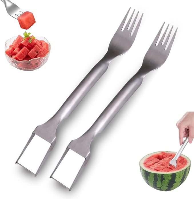 Watermelon Fork Slicer Cutter, Stainless Steel 2-in-1, Portable Watermelon Fork Watermelon Cutter Slicer Tool Fruit Forks Slicer for Home Party Camping Kitchen Gadget