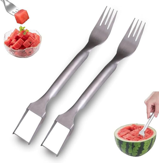 Watermelon Fork Slicer Cutter, Stainless Steel 2-in-1, Portable Watermelon Fork Watermelon Cutter Slicer Tool Fruit Forks Slicer for Home Party Camping Kitchen Gadget