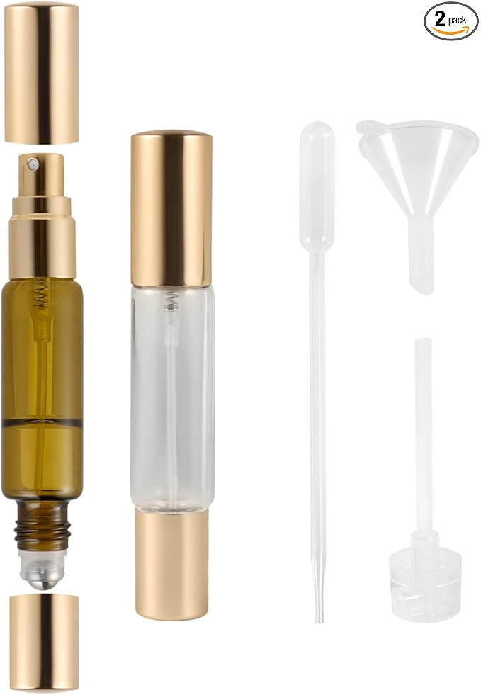 2-in-1 Refillable Perfume Bottle 10ml (2 Pack), Dual-Head Spray & Roller Design, Leakproof Travel Atomizer for Perfume, Cologne and Essential Oils