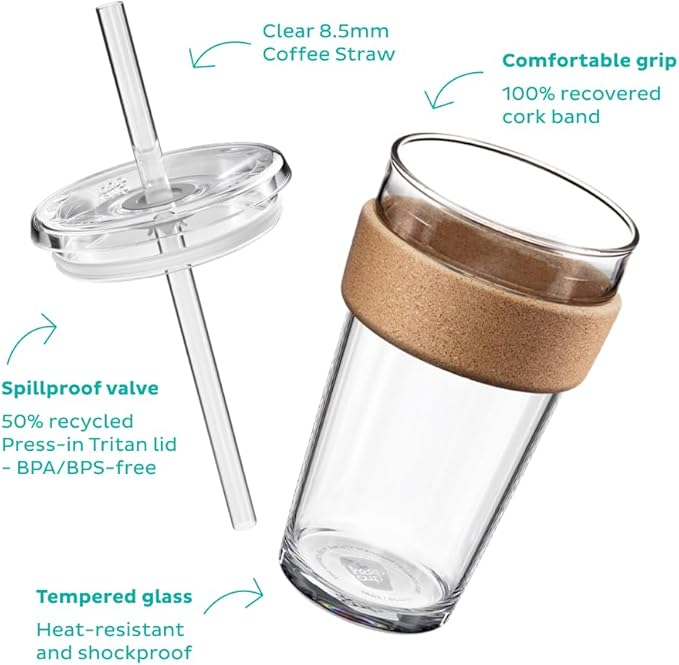 KeepCup Cold Cup - Brew Cork Tempered Glass Ice Coffee Tumbler with Recovered Cork Band, Lid and Straw - 16oz (454ml)