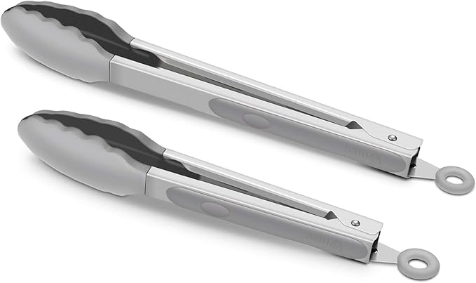 2 Pack Silicone Kitchen Tongs – 9" & 12" Set, Heat Resistant up to 500°F, Non‑Stick Cookware Safe, Wavy Silicone Tips, BPA Free, Locking Clip & Hanging Loop, Grey