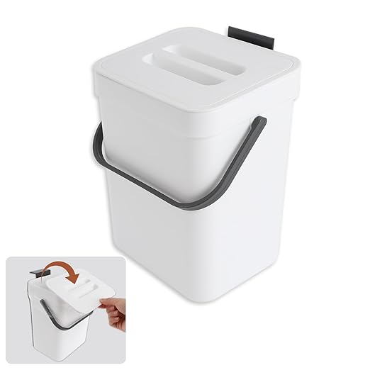 1.3 Gallon/5L Kitchen Compost Bin, Suitable for Countertops or Under Sink, Hanging Hook Trash Can with Lid, Ideal for Cabinets/Bathrooms/Bedrooms/Offices/Camping(White)