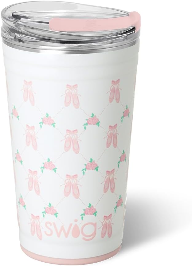 Swig Life 24oz Party Cup, Stackable Insulated Travel Coffee Tumbler with EZ Slider Lid, Cup Holder Friendly, Stainless Steel 24 oz Tumbler, Reusable Coffee Mug (On Pointe)
