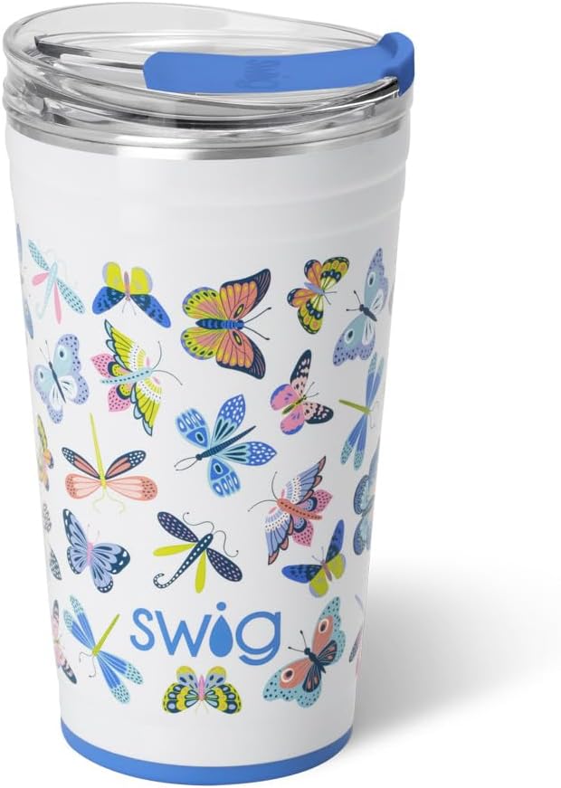 Swig Life 24oz Party Cup, Stackable Insulated Travel Coffee Tumbler with EZ Slider Lid, Cup Holder Friendly, Stainless Steel 24 oz Tumbler, Reusable Coffee Mug (Butterfly Bliss)