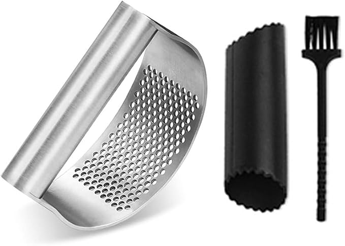 Garlic Press Rocker,Manual Crusher & Mincer with Ergonomic Handle for Easy Cleaning,Rust Proof Kitchen Tool for Ginger (Silverblack)
