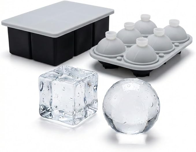 Large Ice Cube & Sphere Mold Set – 6 Whiskey Ice Cubes (2.2") + 6 Ice Spheres (2.4"), Silicone Ice Tray for Bourbon, Cocktails, Slow Melting, Easy Release, BPA-Free