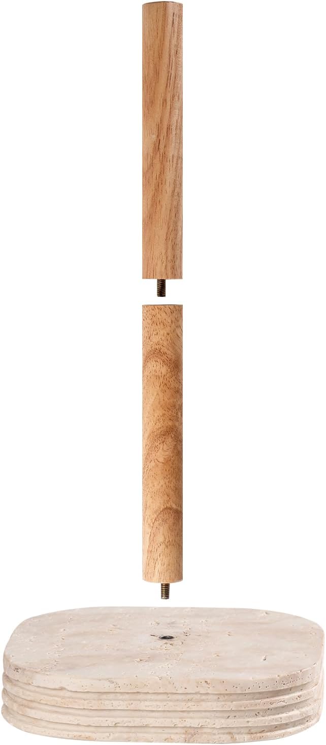 Natural Travertine Textures Standing Paper Towel Holder for Kitchen Countertop, Bathroom Toliet Paper Roll Holder with Weighted Base and Sturdy Wood Stand,for Standard or Plus Rolls, Height-Adjustable