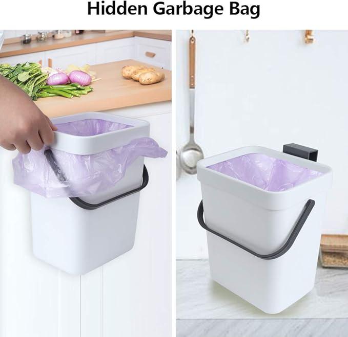 Hanging Small Trash Can with Lid Under Sink for Kitchen, 5 L/ 1.3 Gallons Plastic Waste Basket,Food Waste Bin,Kitchen Compost Bin for Counter Top,Bathroom/Office (White)