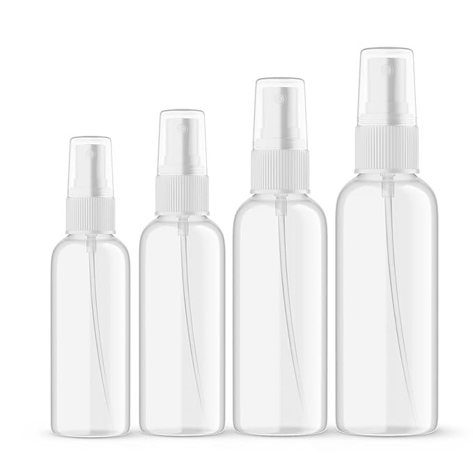 SEVENHEAD Clear Plastic Essential Oil Spray Bottle Four Size - 1oz, 1.7oz, 2oz and 3.4oz, Small Spray Bottle with Plastic Sprayer - Set of 4