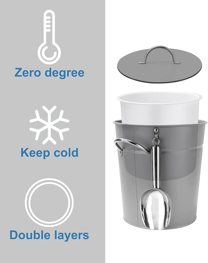 3Qt Gray Galvanized Ice Bucket with Lid, Scoop & Handles - Ideal for Cocktails, Parties, BBQs, Wine & Champagne. Double-Layer Insulated Outer & Galvanized Inner Layer, Perfect for Home & Outdoor Use
