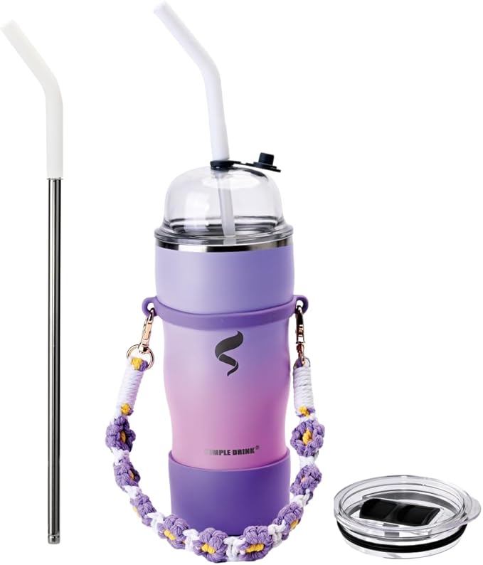 20oz Insulated Tumbler with Straw & Lid, Stainless Steel Vacuum Travel Mug, Handwoven Strap, Non-Slip Boot, Spill Proof, Pink Blue Purple Gradient