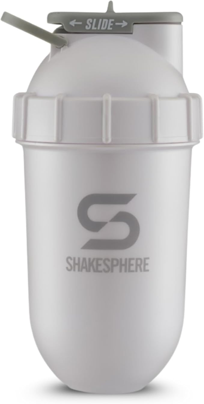 SHAKESPHERE Shaker Bottle - 24oz Leak Proof Protein Shaker Bottle for Pre Workout, Smoothie, and Powder Drink Mixes, No-Blade Mixer for Gym, BPA-Free, Easy Clean & Easy to Carry (Pearl White)