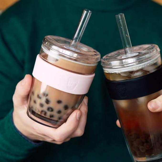 KeepCup Cold Cup - Longplay Double wall Glass Ice Coffee Tumbler with Lid and Straw - 12oz (340ml) - Pashmak