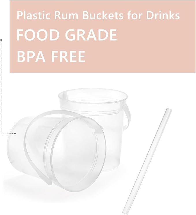 20 Pack Plastic Rum Buckets for Drinks, 32OZ Cocktail Buckets with Lid and Straw, Reusable Smoothie Bucket, 1Liter Large Ice Cream Pails for Halloween Football Parties Bar